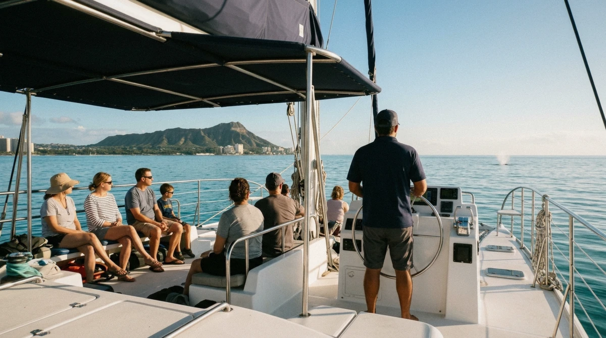 A distant humpback whale blow seen from the deck of an Oahu whale watching boat holding the federal 100-yard line