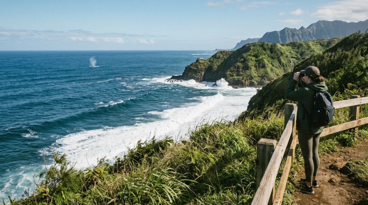 Winter waves breaking along Oahu's North Shore near a whale watching lookout point, no boats visible offshore