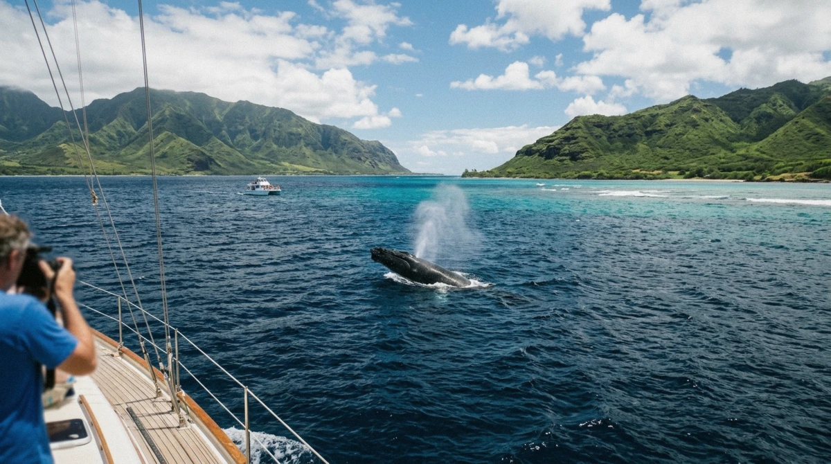 Catamaran on the water for Oahu whale watching with the Waianae coastline behind, compared against Maui's Au'au Channel