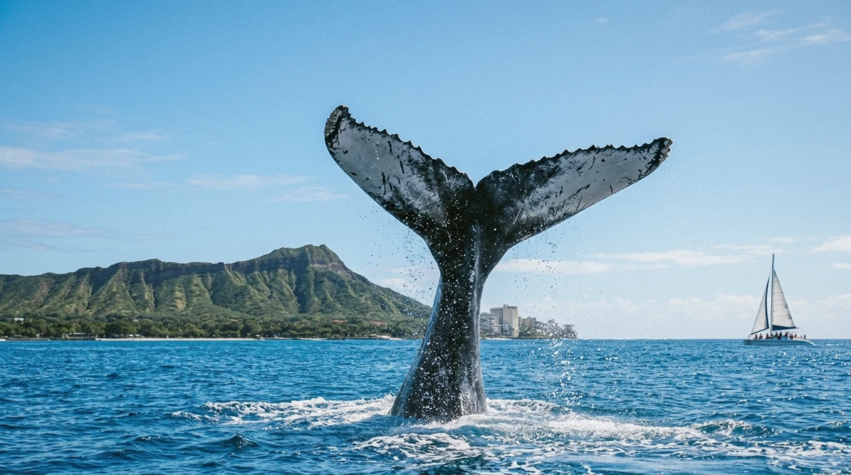 A humpback whale breaching off Oahu during peak whale watching season, Waikiki coastline in the distance