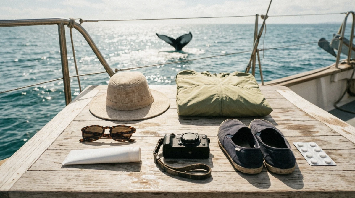 Packing list laid out before an Oahu whale watching tour, reef-safe sunscreen and a windbreaker included