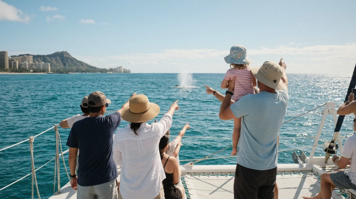 Passengers on the deck of an Oahu whale watching boat scanning the water at a distance, no posed group shot
