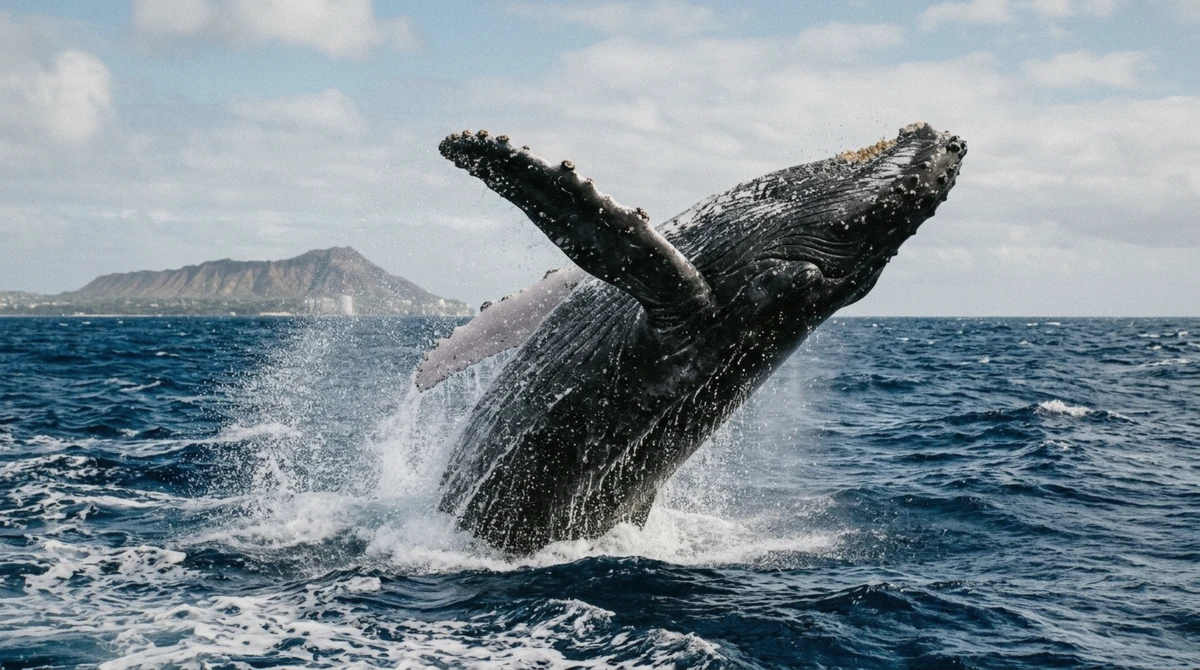 A humpback whale breaching off Oahu at the peak of the Hawaii migration season